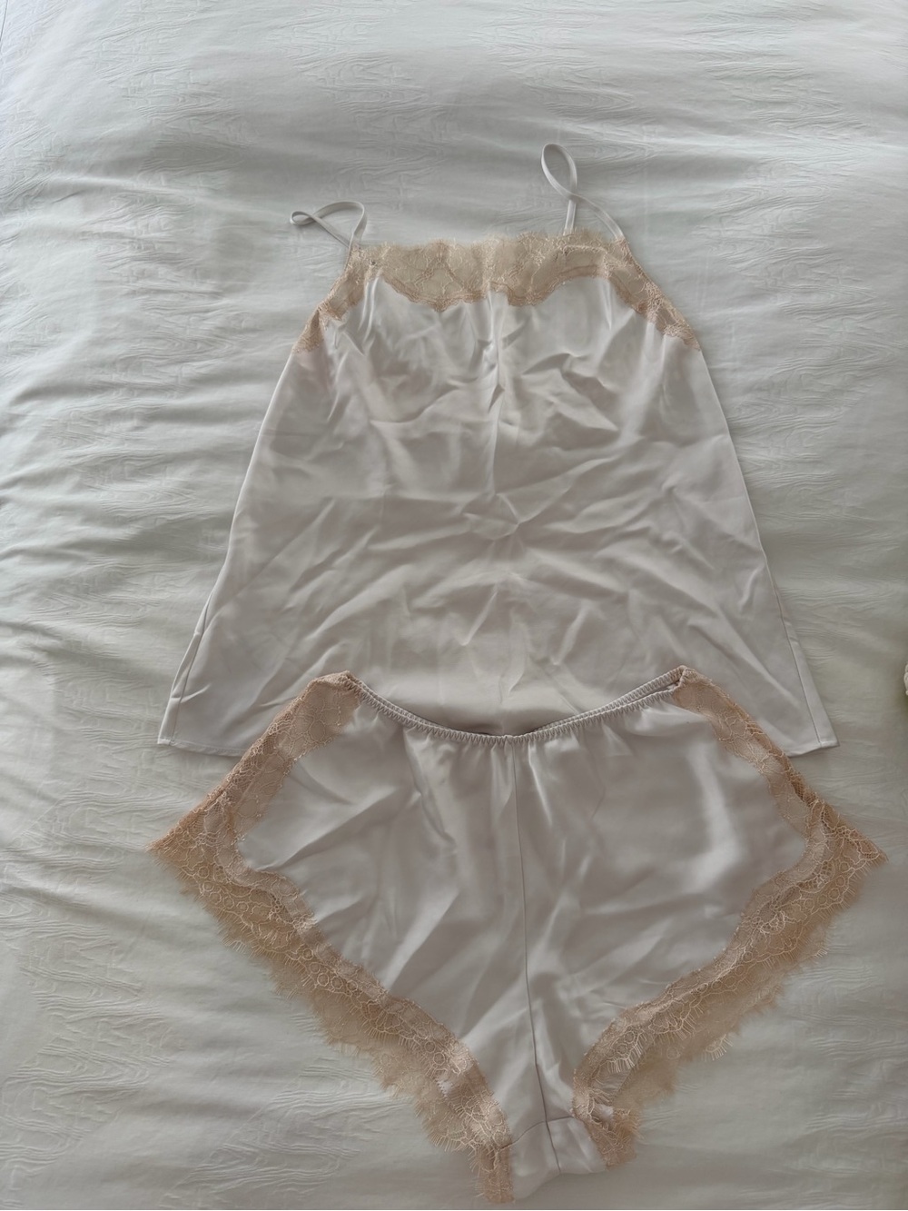 Victoria's Secret White and Beige Lace Trim Satin Chemise Set